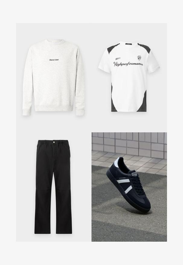 Sudadera de cuello redondo en gris claro, elaborada con material suave, con un pequeño logo negro "Originals Studio" en la parte frontal y puños acanalados.; Camiseta blanca de manga corta con acentos negros. Lleva el logo "REPLAY FC" y el texto "Highperformance" en una fuente deportiva. Fabricada con un material suave.; Pantalones negros de algodón con una cintura elástica, que cuentan con un diseño de pierna recta, textura suave y sin acentos ni patrones visibles.; Zapatilla de cuero negra con rayas blancas, suela de goma texturizada y parte frontal con cordones. Cuenta con una etiqueta de marca en la lengüeta.