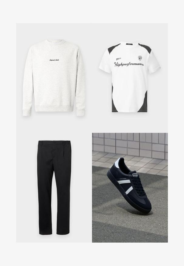 Lys grå crewneck sweatshirt lavet af blødt materiale, med et lille sort "Originals Studio" logo på fronten og ribbede manchetter.; Hvid kortærmet t-shirt med sorte accenter. Har "REPLAY FC" logoet og "Highperformance" teksten i en sporty skrift. Lavet af et glat materiale.; Sorte lige ben bukser med knap- og lynlåslukning, sidelommer og delvist elastisk talje på hvid baggrund.; Sort lædersneaker med hvide striber, tekstureret gummisål og snørrebånd foran. Har et brandet mærke på tungen.