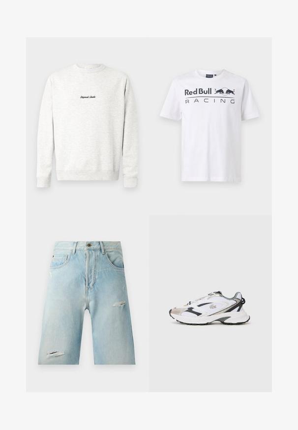 Svetlosivá mikina s okrúhlym výstrihom vyrobená z mäkkého materiálu, s malým čiernym logom "Originals Studio" na prednej strane a rebrovanými manžetami.; Red Bull Racing x Pepe Jeans TEAM LOGO - Tričko s potlačou - white; Svetlomodré denim šortky s voľným strihom, so zničenými prvkami, bočnými vreckami a s jedným uzáverom na vrchu.; Biele športové topánky so striebornými a čiernymi akcentmi, sieťovinový zvršok, textúrovaná podrážka a aerodynamický dizajn s logom na boku.