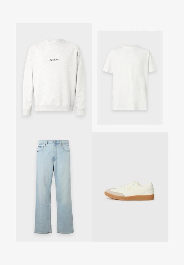 Helehall sweatshirt, mis on valmistatud pehmest materjalist, kusjuures esiküljel on väike must "Originals Studio" logo ja ribatud varrukad.; Valge lühikeste varrukatega ümar kaelusega T-särk, mis on mugava lõikega, ühtlasel heledal taustal.; Hele sinine denim teksad, millel on lahtine ja lai jalg. Omab viit taskut, vöökohti ja lukuga pihakuulidega.; Valgedest nahast tennisekets, millel on beež peaalus ja heledast pruunist kummist talla. Omab lapikuid valgeid paelu ning embosseeritud brändimist küljel.