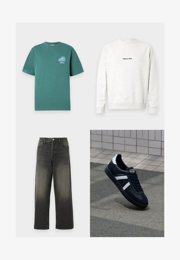 Lichtgrijze crewneck sweatshirt gemaakt van zachte stof, met een klein zwart 'Originals Studio' logo op de voorkant en geribde manchetten.; Groene katoenen T-shirt met korte mouwen, met een kleine, kleurrijke grafische afbeelding op de linkerborst. Lichtgewicht, normale pasvorm.; Zwarte denim jeans met een relaxte pasvorm, met een hoge taille, zilveren details en een vervaagde textuur met subtiele plooien. Rechte pijpen zonder versieringen.; Zwarte leren sneaker met witte strepen, een gestructureerde rubberen zool en vetersluiting aan de voorkant. Voorzien van een merklabel op de tong.