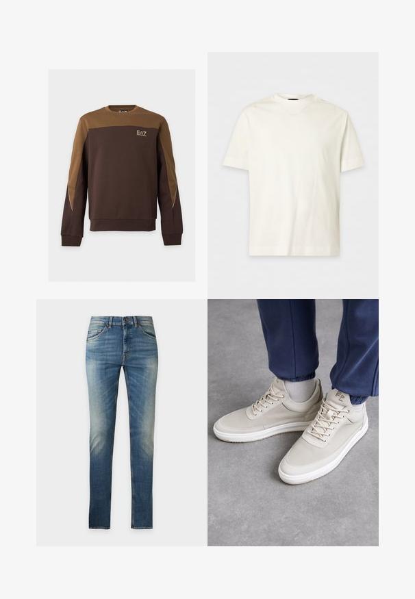 Sweat-shirt marron et beige à manches longues avec col rond, détail passepoil sur les manches et petit logo EA7 Emporio Armani sur la poitrine.; T-shirt blanc uni en coton à manches courtes avec col rond et logo en relief discret sur le côté gauche de la poitrine.; Jean slim bleu délavé avec poches avant et fermeture par bouton sur un fond clair uni.; Baskets beiges en matériau texturé, à bout rond, avec des lacets et un design minimaliste. Semelle blanche avec des détails beige clair. Porté avec un jogging bleu marine.