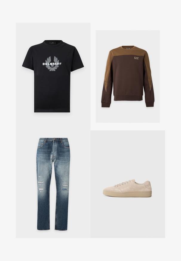Sweat-shirt marron et beige à manches longues avec col rond, détail passepoil sur les manches et petit logo EA7 Emporio Armani sur la poitrine.; T-shirt noir à manches courtes avec col rond, orné d'un logo Belstaff argenté réfléchissant et d'un emblème ailé centré sur la poitrine.; Jean en denim bleu délavé avec une coupe droite et des détails usés sur les cuisses et les genoux sur un fond blanc.; Baskets en daim beige avec un bout rond, des lacets plats et une semelle en caoutchouc texturé. Design minimaliste avec des bords lisses et des coutures discrètes.