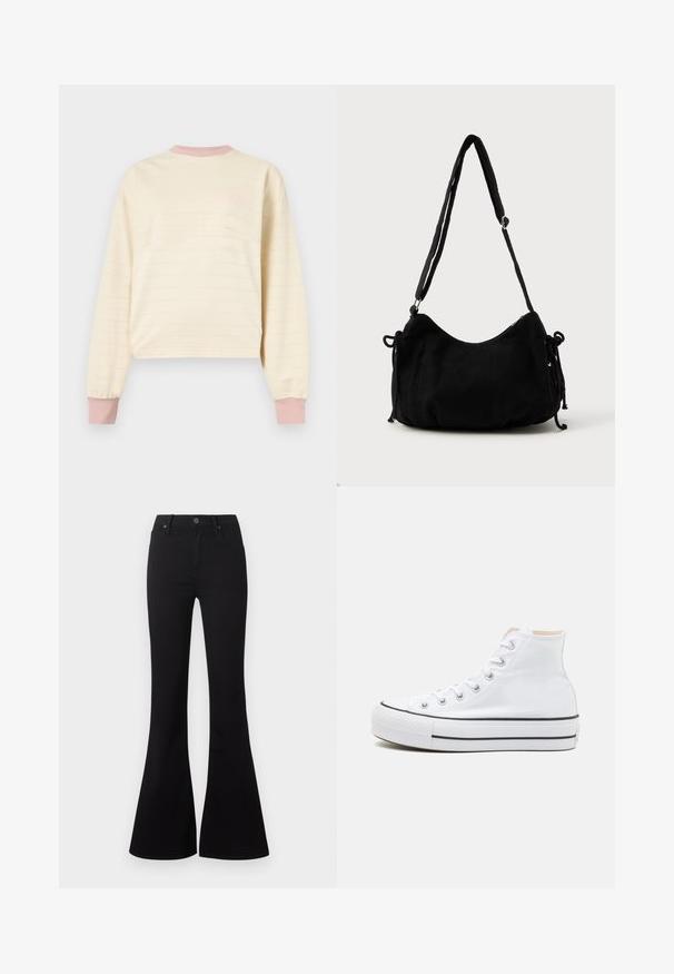 Cremefarbenes Sweatshirt mit langen Ärmeln, dezenten horizontalen Streifen, pinkfarbenen Rippbündchen an Ärmeln und Kragen sowie kleinem, gesticktem Logo auf der Brust.; Schwarze High-Waist-Flare-Jeans mit Frontknopf und Taschen, auf weißem Hintergrund dargestellt.; Weiße High-Top-Sneaker aus einem Material aus Segeltuch, mit schwarzer Gummisohle und kontrastierendem schwarzen Streifen auf der Zwischensohle. Runde Zehenkappe und Schnürdesign.; Schwarze Cordtasche mit geschwungener Form, verstellbarem Schultergurt und Kordelzugverschlüssen an beiden Seiten zur Größenanpassung.