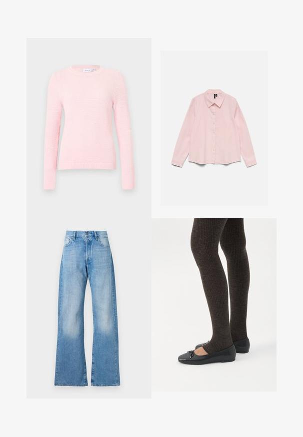 Lyserød strikket sweater med lange ærmer, rund halsudskæring, ribbet kant og tekstureret overflademønster. Glat stof og afslappet pasform.; Langærmet lyserød skjorte med knapper og krave, lagt fladt på en hvid baggrund.; Lysblå denim flared jeans med høj talje, fem lommer og klassisk knaplukning. Har diskret slid og en afslappet pasform.; Ben iført mørke ribbede leggings kombineret med sorte balletsko med små sløjfedetaljer på hvid baggrund.