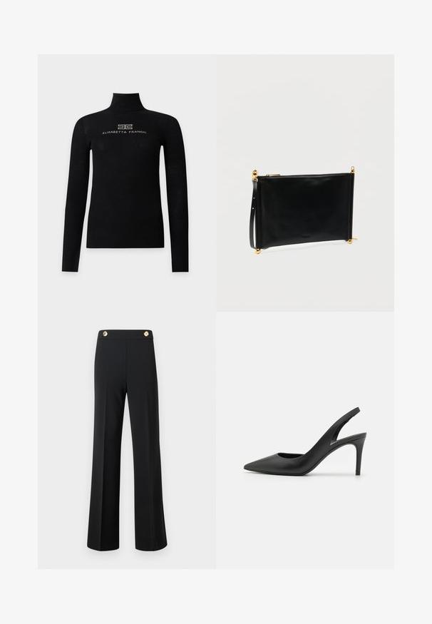 Sort ribstrikket langærmet rullekrave med "Elisabetta Franchi" logo og emblem broderet på brystet.; Sorte højtaljede wide-leg bukser med front sømme og to guldknapper på taljen, mod en hvid baggrund.; Sorte læder slingback høje hæle med spids tå-design, der har en udskæring fortil og en tynd stiletto-hæl.; Sort læderclutch med en glat tekstur, der har guldfarvede metaldetaljer, lynlås lukning og en aftagelig håndledsrem.