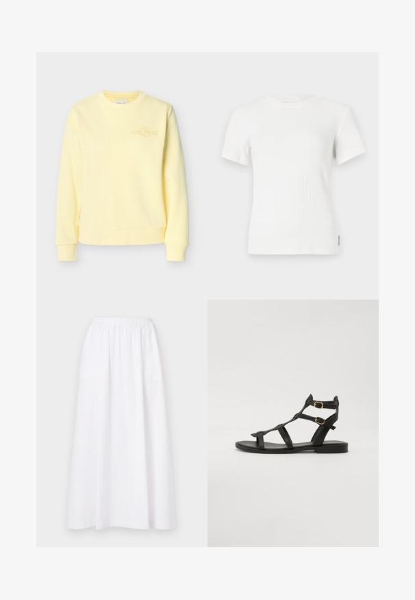 Sweatshirt jaune clair à col rond avec manches longues et broderie discrète du logo sur le côté gauche de la poitrine.; T-shirt à manches courtes côtelé blanc avec un col rond. Texture douce, design ajusté et détails de couture minimalistes.; Jupe blanche, longueur genou, avec une taille élastique, présentant un design simple et un tissu léger, exhibant une texture lisse et unie.; Sandales plates noires avec plusieurs sangles croisées et deux accents de boucles à la cheville. Dotées d'un matériau ressemblant à du cuir lisse et d'une semelle plate.