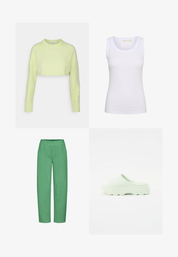 Even&Odd Pullover - light green; Débardeur blanc côtelé sans manches avec encolure dégagée, petite étiquette de marque à l'intérieur du col et coupe ajustée.; Pantalon de survêtement vert en tissu mélangé coton, doté d'une taille élastique, de poches latérales et d'une coupe décontractée.; Sandales slip-on vert menthe avec une surface lisse et mate, dotées d'une semelle épaisse présentant un motif texturé pour une meilleure adhérence.