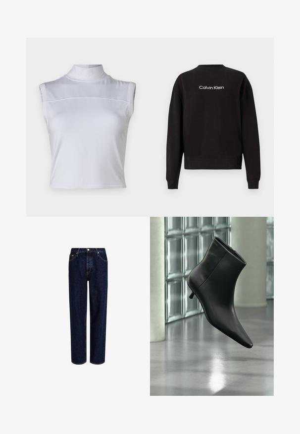 Sort sweatshirt lavet af bomuld med ribbet rund halsudskæring, lange ærmer og trykt "Calvin Klein" logo i hvidt over brystet.; Hvid ærmeløs top med høj hals, glat tekstur og cropped design. Har en vandret søm tværs over brystet.; Mørkeblå denim jeans med lige ben-design, der har høj talje, fem-lomme-stil og kontrastsyninger. Ingen dekorationer.; Sort læderankelstøvle med spids tå og lav kitten-hæ, vist vinklet mod en poleret gulv- og glasblokvæg.