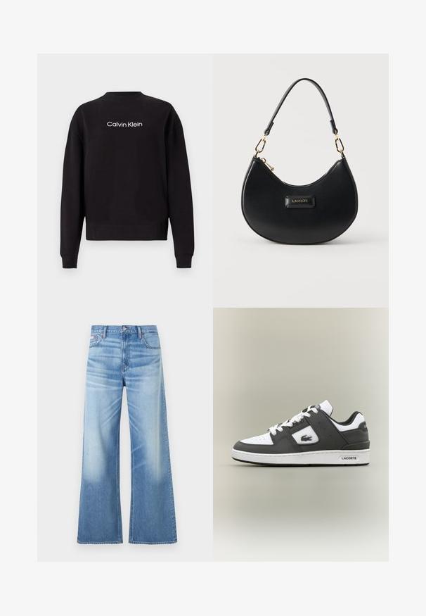 Čierna mikina vyrobená z bavlny s rebrovaným výstrihom, dlhými rukávmi a bielym potlačeným logom "Calvin Klein" naprieč hrudníkom.; Calvin Klein Jeans LOW RISE BAGGY - Džínsy voľného strihu - diamond cove; Čierno-biele tenisky Lacoste s bielymi šnúrkami, perforovanou špičkou, logom krokodíla na boku a s logom na podrážke na neutrálnom pozadí.; Čierna taška v tvare polmesiaca so zlatým kovaním, so zipsom na vrchu, krátkym remienkom a štítkom s logom „LACOSTE“ v strede vpredu.