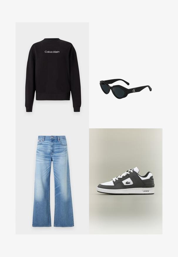 Čierna mikina vyrobená z bavlny s rebrovaným výstrihom, dlhými rukávmi a bielym potlačeným logom "Calvin Klein" naprieč hrudníkom.; Calvin Klein Jeans LOW RISE BAGGY - Džínsy voľného strihu - diamond cove; Čierno-biele tenisky Lacoste s bielymi šnúrkami, perforovanou špičkou, logom krokodíla na boku a s logom na podrážke na neutrálnom pozadí.; Čierne slnečné okuliare v štýle mačacích očí s lesklým povrchom, tmavými sklami a logom "cK" na spánku. Ostrý dizajn a hrubé rámy.