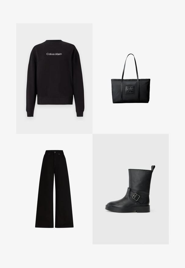 Čierna mikina vyrobená z bavlny s rebrovaným výstrihom, dlhými rukávmi a bielym potlačeným logom "Calvin Klein" naprieč hrudníkom.; Široké čierne deninové nohavice s vysokým pásom, vybavené kovovým zapínaním a dvoma prednými vreckami. Hladká textúra s minimalistickým dizajnom.; Čierne kožené kotníkové topánky s okrúhlou špičkou, plochou podrážkou a strieborným sponou na boku. Obsahujú pútko na zadnej strane.; Čierna obdĺžniková taška na prenášanie s dvoma dlhými rúčkami a predným nášivkom s vyrazeným logom "ck" a "Calvin Klein".