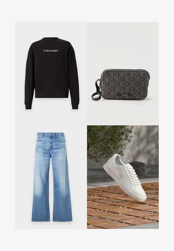 Sudadera negra de algodón con cuello redondo acanalado, mangas largas y el logo en blanco "Calvin Klein" impreso en el pecho.; Calvin Klein Jeans LOW RISE BAGGY - Vaqueros boyfriend - diamond cove; Zapatilla deportiva blanca de caña baja con cordones y logo de Calvin Klein en el lateral, flotando sobre una superficie de madera con baldosas al aire libre cerca de vegetación.; Bolso bandolera rectangular Calvin Klein con patrón de logo negro, cremallera negra y correa negra ajustable sobre fondo blanco.