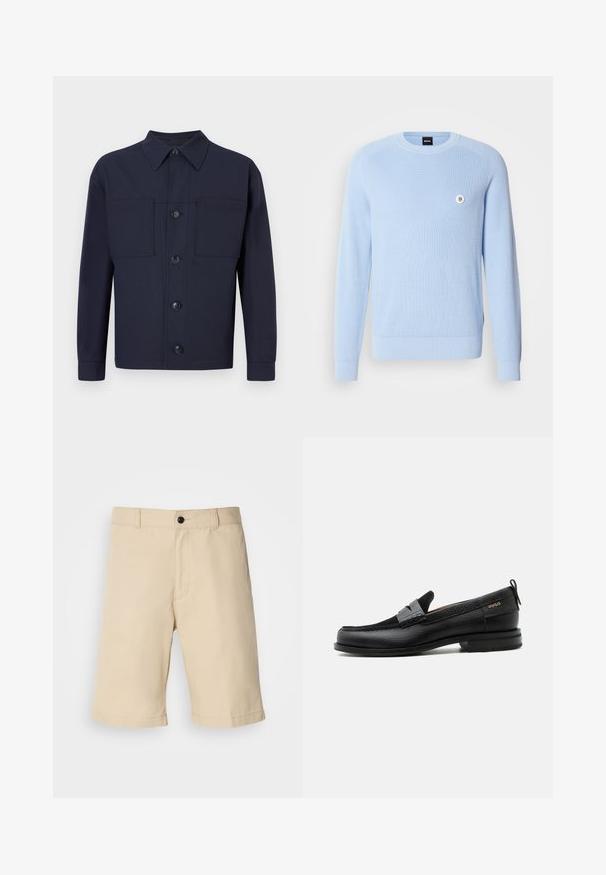 Lichtblauwe geribbelde gebreide trui met een ronde halslijn, lange mouwen en een klein logodetail op de borst. Zachte textuur, regular fit.; Marineblauwe button-up jas van stof met een gladde textuur. Beschikt over twee borstzakken en een puntige kraag, met vier knopen aan de voorkant.; Beige shorts gemaakt van lichte stof, met een platte voorkant, een standaard tailleband met knoopsluiting en een rechte zoom.; Zwarte leren loafer met grijs riemdetailelement, lage hak en gestructureerde zool, aan de zijkant gebrandmerkt met "HUGO" in goud.