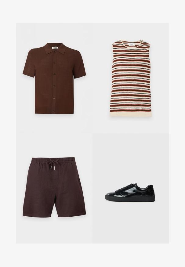 Top sans manches en maille avec des rayures horizontales crème, rouille, vert olive et noir, avec un col rond.; Chemise marron à manches courtes avec boutons, motif texturé et col classique, présentée sur un fond clair uni.; Shorts décontractés marron avec taille élastique et cordon avec embouts métalliques, fabriqués en tissu léger.; Baskets en cuir verni noir avec un bout arrondi, un laçage, une semelle en caoutchouc texturé et une finition lisse.