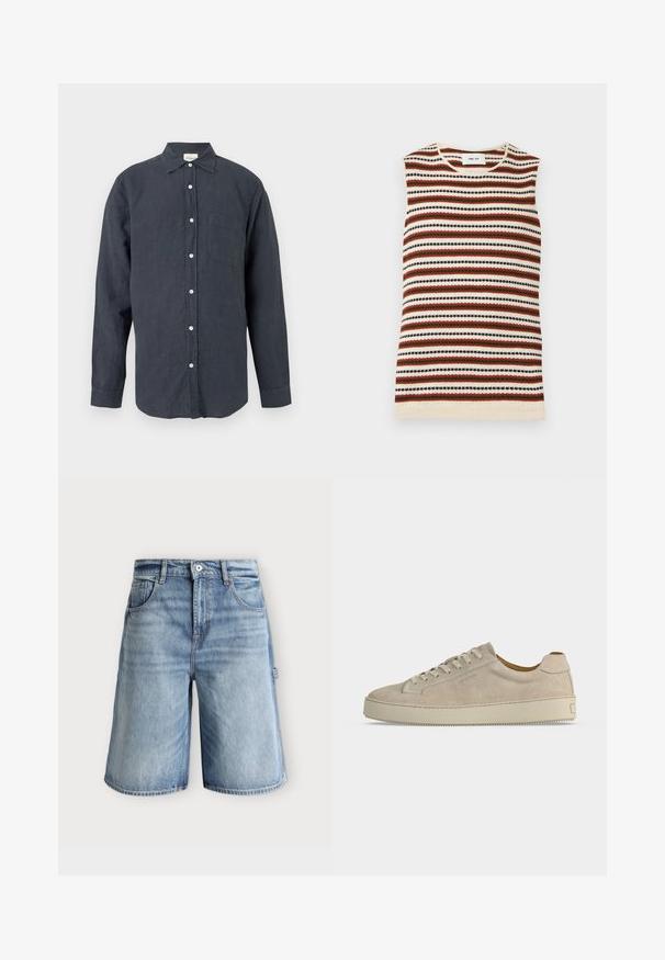 Top sans manches en maille avec des rayures horizontales crème, rouille, vert olive et noir, avec un col rond.; Chemise gris foncé à manches longues, boutonnée, avec un col et une seule poche poitrine, présentée sur un fond clair uni.; Short en denim bleu clair avec poches devant, passants pour ceinture, fermeture par boutons et détail d'une boucle latérale sur fond neutre.; Baskets basses beiges en daim avec fermeture lacée et semelle épaisse en caoutchouc, vues de profil sur fond blanc uni.