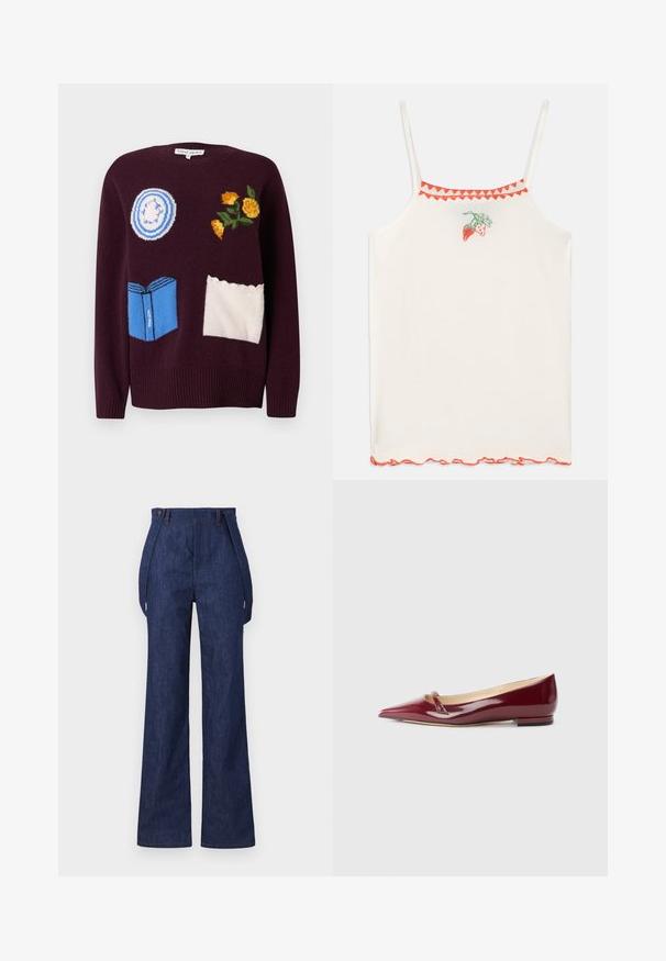 Vinrød strikket sweater med broderede motiver: en blå tallerken, gule blomster og en blå bog med hvide detaljer og bølgede accenter.; Hvid top med tynde stropper, dekoreret med røde broderede jordbær og en bølget rød kant langs halsudskæringen og kanten.; Mørkeblå denim brede bukser med høj talje og synlige sømme. Har sidelommer og en afslappet pasform.; Bordeaux patenteret læderballerinaer med spids tå, der har en lille udskæring og en lav hæl. Glat tekstur og elegant design.