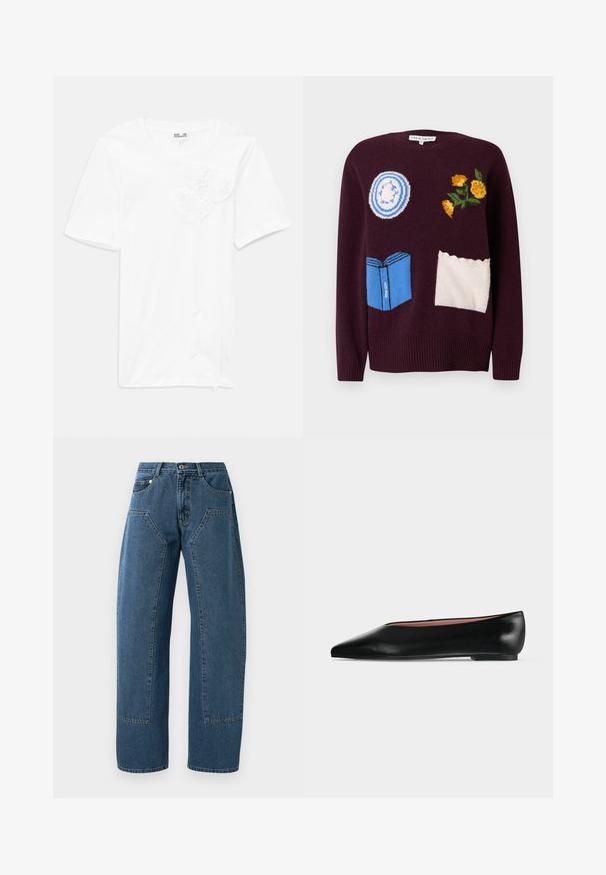 Vinrød strikket sweater med broderede motiver: en blå tallerken, gule blomster og en blå bog med hvide detaljer og bølgede accenter.; Hvid kortærmet t-shirt lavet af bomuld med tre teksturerede blomst-applikationer på forsiden, med en rund halsudskæring og en afslappet pasform.; Blå denim jeans med brede ben, store frontlomme, knaplukning og bæltestropper.; Sort damesko i læder med flad hæl og spids tå, vist fra siden på en ensfarvet lys grå baggrund.