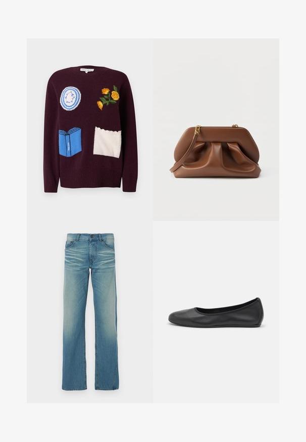 Vinrød strikket sweater med broderede motiver: en blå tallerken, gule blomster og en blå bog med hvide detaljer og bølgede accenter.; Lyseblå denimjeans med lige ben, blegning, fem lommer og knaplukning. Synlig syning som accent.; Sort læderballetsko med rund tå, glat tekstur, minimal syning og et fleksibelt såldesign.; Brun clutchtaske i læder med rynket design, guldfarvet hardware og aftagelig håndledsrem på hvid baggrund.