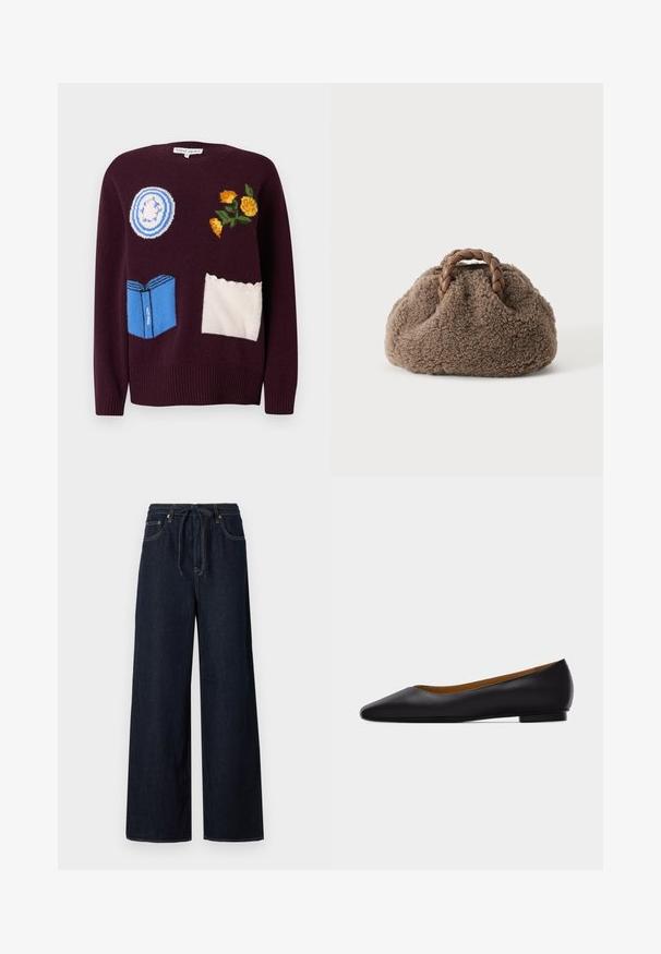 Vinrød strikket sweater med broderede motiver: en blå tallerken, gule blomster og en blå bog med hvide detaljer og bølgede accenter.; Mørkeblå vide denimbukser med snoreliv, standard fem-lomme design og kontrasterende syninger.; Sort læder flad sko med spids tå, lav hæl og glat finish, vist fra siden på en lysegrå baggrund.; Lille brun, fluffy håndtaske med flettede læderhåndtag på en ensfarvet lys baggrund.