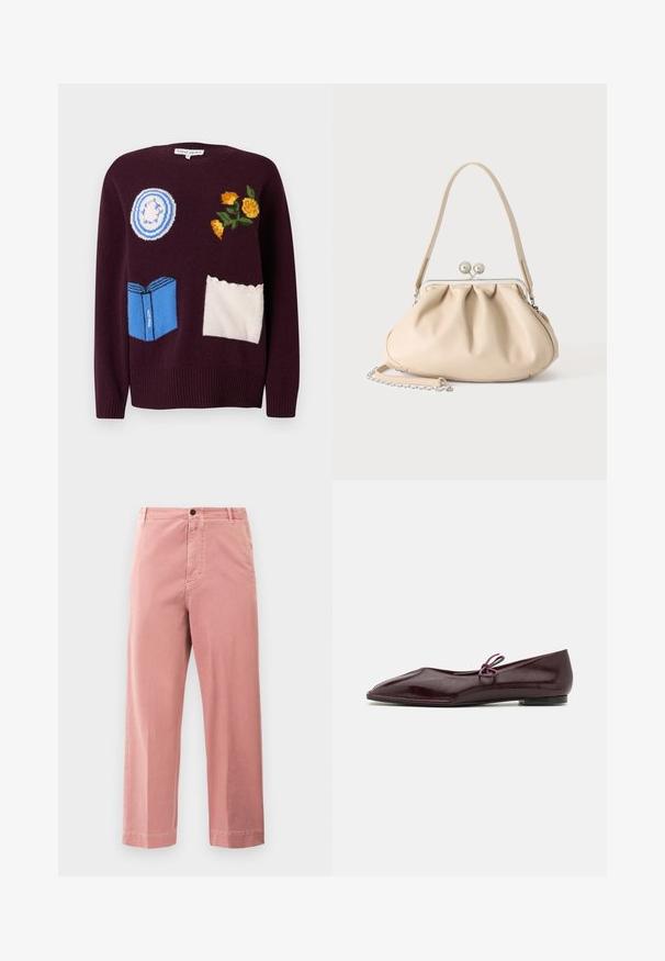 Vinrød strikket sweater med broderede motiver: en blå tallerken, gule blomster og en blå bog med hvide detaljer og bølgede accenter.; Rosa lige bukser med knap- og lynlåslukning, bæltesløjfer og sidelommer på en ensfarvet hvid baggrund.; Ballethæle i bordeaux laklæder med spids tå og en dekorativ lilla sløjfe på forfoden; flad såldesign.; Beige blød læderhåndtaske med en sølv metalramme-lukning, enkelt skulderstrop og en valgfri kæderem på en hvid baggrund.