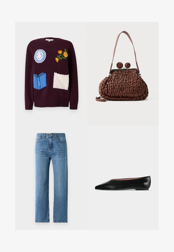 Vinrød strikket sweater med broderede motiver: en blå tallerken, gule blomster og en blå bog med hvide detaljer og bølgede accenter.; Blå straight-leg jeans med forlommer, bæltestropper og knaplukning mod en ensfarvet hvid baggrund.; Sort damesko i læder med flad hæl og spids tå, vist fra siden på en ensfarvet lys grå baggrund.; Brun flettet læderhåndtaske med en enkelt strop og to store runde trælukninger på toppen.