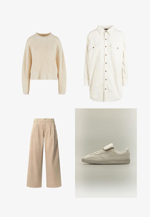 Cremefarvet strikket sweater med høj ribbet krave, brede ærmer og et struktureret mønster hele vejen igennem. Kropet design med ribbet kant.; Krèmfaret kordfløjl langærmet skjorte med krave, brune knapper ned foran og to brystlommer med knap.; Beige brede bukser med to frontfolder, en knaplukning og en glat overflade. Designet til komfort og en løs pasform.; Hvid lavtop sneaker med tekstureret sål, snørebånd foran, polstret tunge og subtilt gyldent mærke på siden, vist på neutral baggrund.