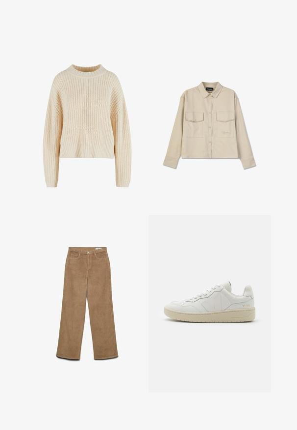 Pull en tricot crème avec un col haut en côtes, des manches larges et un motif texturé sur l'ensemble. Design court avec un ourlet en côtes.; Chemise beige à boutons avec col, manches longues et deux poches poitrine. Présente un logo brodé et une texture lisse et douce.; Pantalons en velours côtelé marron à jambes larges avec une surface texturée, deux poches avant, une fermeture à bouton et une étiquette à la taille.; Baskets en cuir blanc avec une boîte à orteils perforée, semelle en caoutchouc beige contrastante et accents de logo sur le côté et le talon. Design minimaliste.