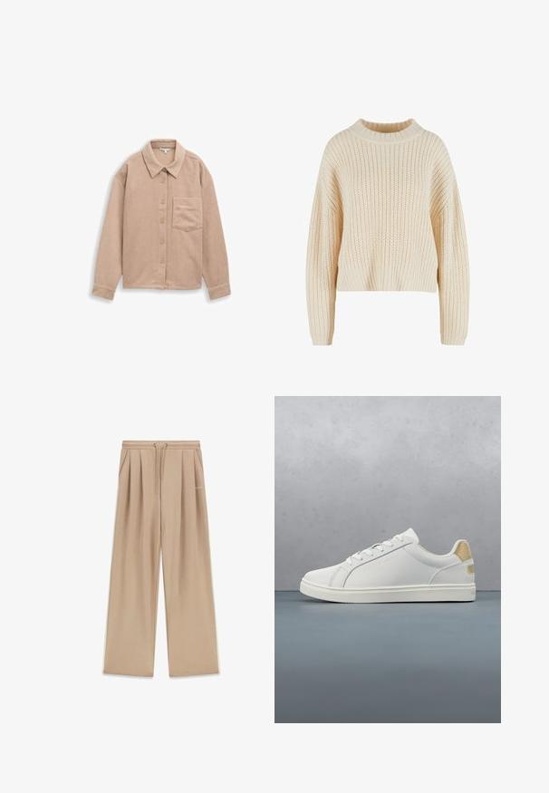 Cremefarvet strikket sweater med høj ribbet krave, brede ærmer og et struktureret mønster hele vejen igennem. Kropet design med ribbet kant.; Beige corduroy skjortejakke med krave, fem-knaps lukning og en enkelt brystlomme. Blød tekstur med lodret ribb.; Beige vidde bukser med snor i taljen, sidelommer, lagdelt front og diskret Guess-logo på højre side.; Hvid sneaker lavet af glat syntetisk materiale med tekstureret gyldent detaljer ved hælen og subtil branding på siden.