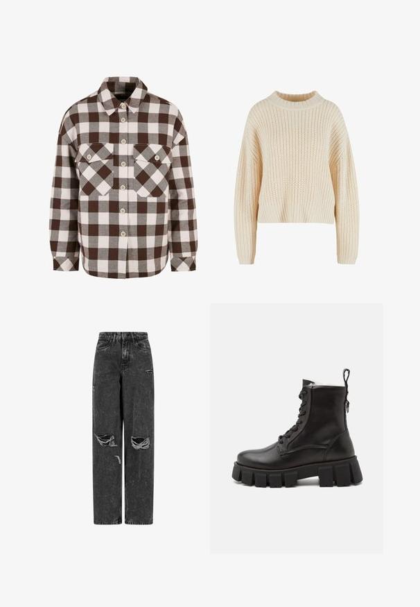 Cremefarvet strikket sweater med høj ribbet krave, brede ærmer og et struktureret mønster hele vejen igennem. Kropet design med ribbet kant.; Brun og hvid plaid knap-op skjorte med to brystlommer, der har en klassisk krave og knap-ned foran. Blød stofstruktur.; Sorte højtaljede brede bukser af jeans med rifter på knæene og slidte detaljer på en hvid baggrund.; Sorte læder ankelstøvler med en kraftig gummisål, rund tå, snørebånd fortil og en løkke bagerst for nem påtagning.