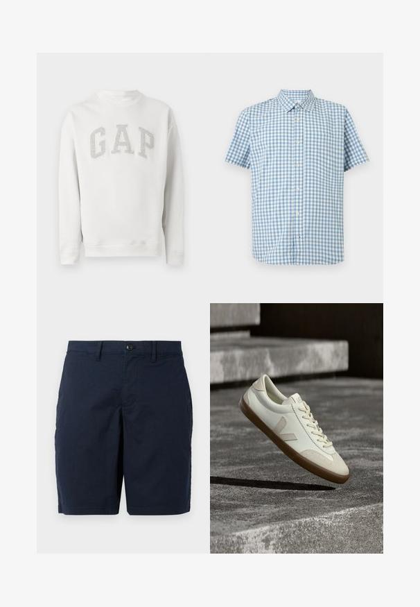 Hvid langærmet crewneck-sweatshirt med grå "GAP" bogstaver henover brystet, lavet af blødt stof, vist på en ensfarvet baggrund.; Lyseblå og hvide ternet kortærmet skjorte med knapper, krave og brystlomme, vist på en ensfarvet baggrund.; Marineblå shorts lavet af letvægtsstof. Har en knaplukning, flad front og to sidelommer. Klassisk, lige pasform.; Hvide læder sneakers med tanfarvet gummisål, flade snørebånd og V-formet detalje på siden. Har en glat overflade og minimale syninger.