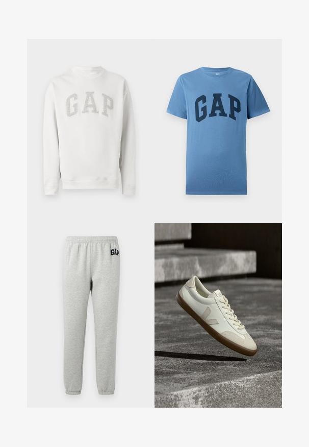 Weißes Sweatshirt mit Rundhalsausschnitt und langen Ärmeln, graue "GAP"-Buchstaben auf der Brust, aus weichem Stoff, vor einfarbigem Hintergrund dargestellt.; Blaues Kurzarm-T-Shirt mit Rundhalsausschnitt und großem dunkelblauem "GAP"-Schriftzug auf der Vorderseite.; Graue Jogginghose mit elastischem Bund, abgeklebten Knöcheln und einem dunkelblauen "GAP"-Logo auf dem linken Oberschenkel. Weicher Baumwollmischstoff.; Weiße Leder-Sneaker mit beige-gummiartiger Sohle, flachen Schnürsenkeln und V-förmigem Akzent an der Seite. Verfügt über eine glatte Oberfläche und minimale Nahtdetails.