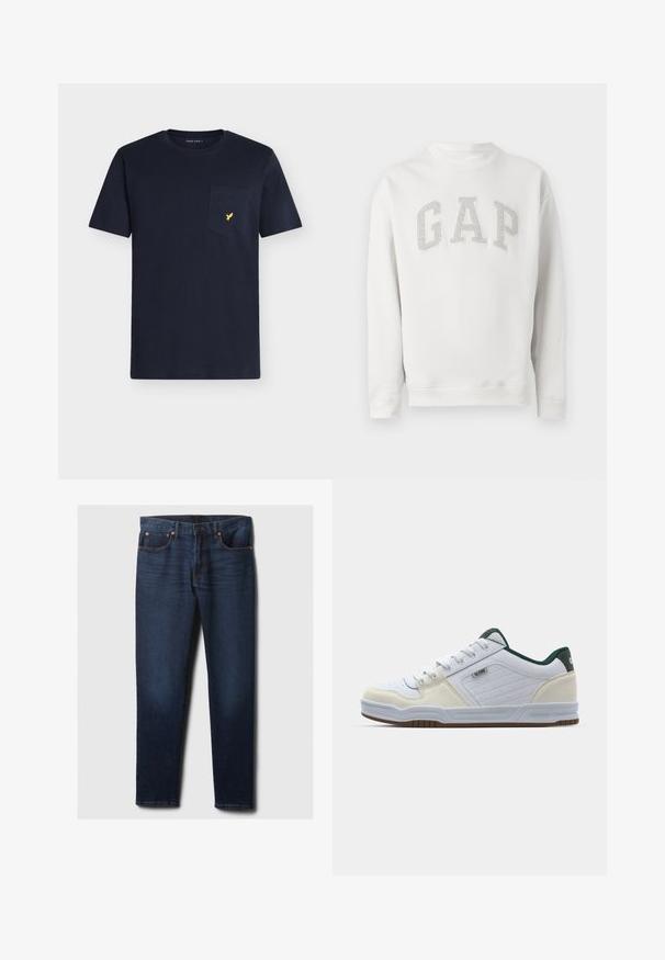 Sweat-shirt blanc à manches longues avec col rond et lettres grises "GAP" sur la poitrine, en tissu doux, présenté sur un fond uni.; T-shirt en coton bleu marine avec un col rond, des manches courtes et une poche poitrine ornée d'un petit logo d'oiseau jaune.; Jean en denim slim-fit bleu foncé avec un léger délavage sur les cuisses avant, des rivets cuivrés et un style classique à cinq poches, posé à plat sur un fond blanc.; Baskets avec un dessus en cuir blanc et daim, accents verts, bout perforé et semelle en caoutchouc marron. Présente un design texturé sur le côté.