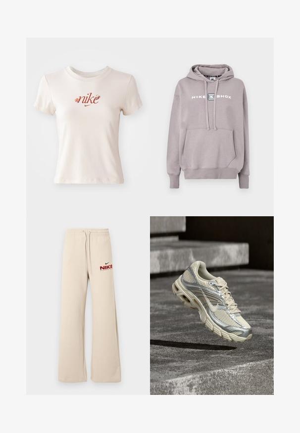 Helehall Nike Shoxi kapuutsiga dressipluus kängurutasku, nööriga kapuuts ja ees trükitud logo. Puuvillasegu materjal, pehme tekstuur.; Bež lühikeste varrukatega T-särk, mis on valmistatud puuvillast ja millel on punane "nike" logo lillemotiivide ja ümmarguse kaelusega.; Lõdvad beežid dressipüksid elastse vöökoha ja paeltega, vasakul reiel punase ja musta Nike Athletic Clubi logoga.; Beež ja hõbedane Nike jooksujalats võrgu- ja paeladetailidega, hõljumas betoonastmete kohal.