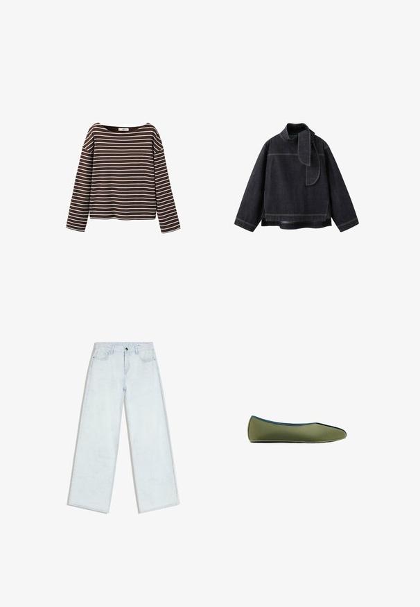 Chemise marron à manches longues avec des rayures horizontales blanches et un large col rond, présentée sur un fond blanc.; Veste en denim foncé avec un col haut, des manches longues, et un détail unique semblable à une écharpe. Des surpiqûres contrastantes mettent en valeur le design et la forme.; Jean bleu clair à jambes larges avec fermeture à boutons et fermeture éclair sur le devant, passants pour ceinture et style cinq poches, posé à plat sur un fond blanc.; Chaussure plate olive verte à enfiler avec un bout pointu et un liseré bleu contrastant le long du bord supérieur, vue de côté.