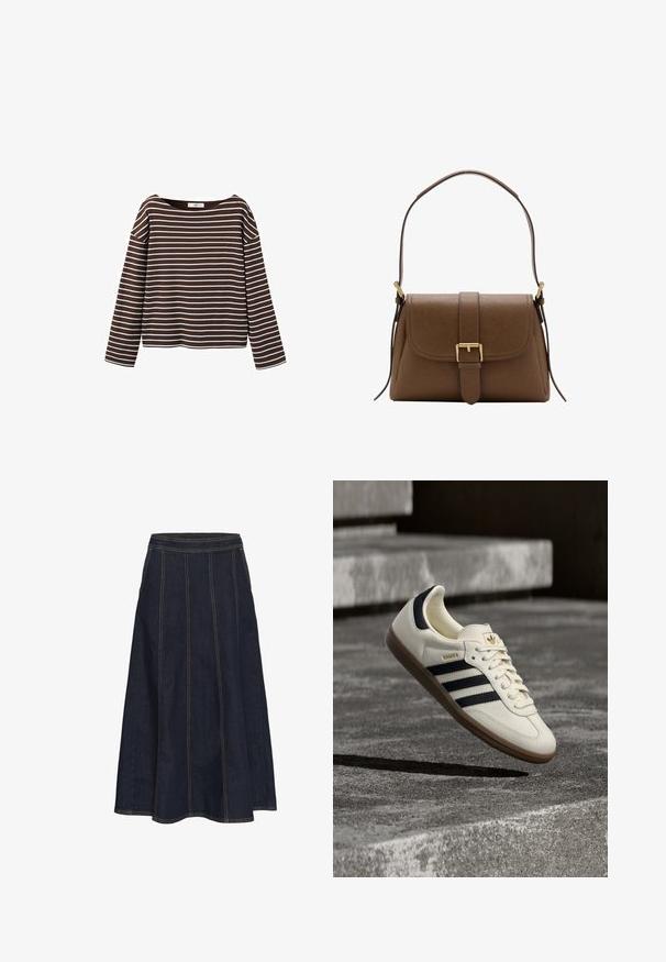 Bruin shirt met lange mouwen en witte horizontale strepen, met een brede ronde halslijn, weergegeven tegen een witte achtergrond.; Donkerdenim A-lijn rok met een brede tailleband, zichtbare stiksels en een uitlopende zoom. Er zijn geen zakken of versieringen aanwezig.; Witte Adidas Samba sneaker met zwarte strepen en gumzool, zwevend boven gestructureerde grijze betonnen treden.; Bruine leren schoudertas met voorflap en gouden gesp, met verstelbare riem met gouden hardware op een witte achtergrond.