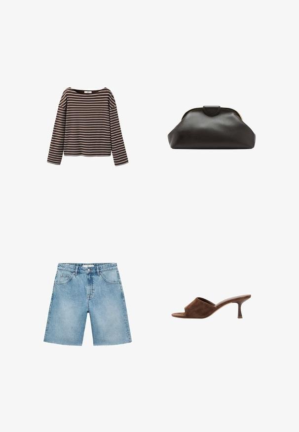 Brun langærmet skjorte med hvide vandrette striber og en bred rund halsudskæring, vist mod en hvid baggrund.; Lyseblå denimshorts med lige snit, fem lommer, frontlukning med knap og flosset kantdetalje. Klassisk denimtekstur.; Brun ruskind åben tå mule med mellemhøj, buet træsko hæl og slip-on design på en hvid baggrund.; Blød sort læder clutch taske med en rundet ramme og en lille lukning i toppen midt på.