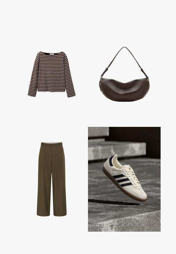 Chemise marron à manches longues avec des rayures horizontales blanches et un large col rond, présentée sur un fond blanc.; Pantalon vert olive à jambes larges avec plis à l'avant, taille boutonnée avec passants de ceinture et sans poches visibles.; Baskets blanches Adidas Samba avec des bandes noires et une semelle en gomme, flottant au-dessus de marches en béton gris texturé.; Sac à bandoulière en cuir marron foncé avec une forme courbée, une sangle réglable et une fermeture éclair dorée le long du bord inférieur.