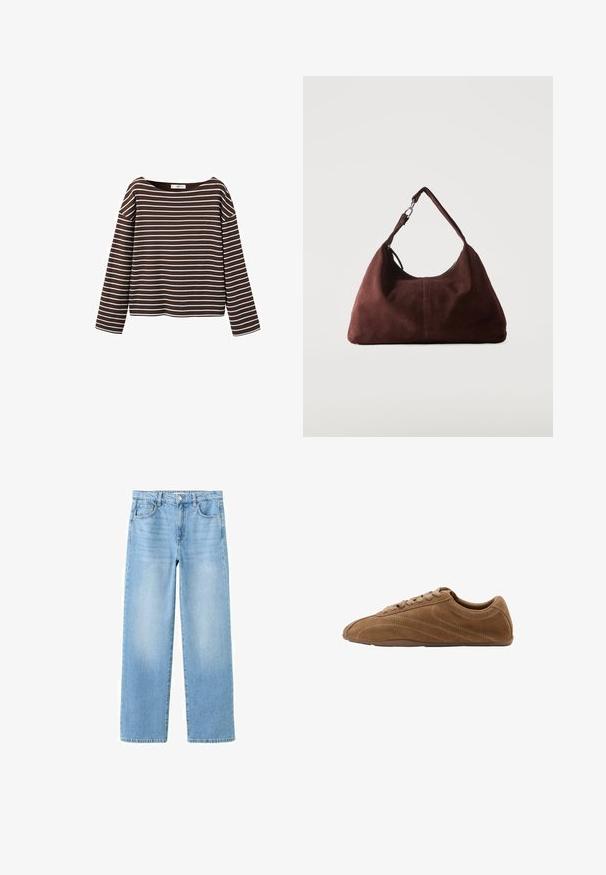 Chemise marron à manches longues avec des rayures horizontales blanches et un large col rond, présentée sur un fond blanc.; Jean en denim bleu clair avec une coupe droite, style cinq poches, passants pour ceinture et légère décoloration pour un look décontracté.; Baskets basses en daim marron avec fermeture à lacets et semelle fine en caoutchouc, vues de côté sur fond blanc.; Sac bandoulière en daim marron doux avec une seule lanière et des accessoires métalliques argentés sur un fond clair uni.