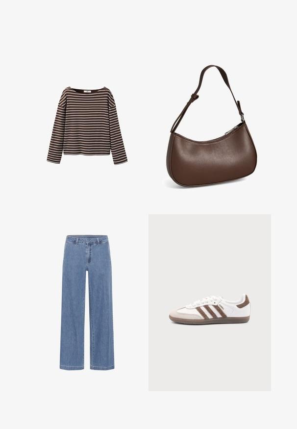Bruin shirt met lange mouwen en witte horizontale strepen, met een brede ronde halslijn, weergegeven tegen een witte achtergrond.; My Essential Wardrobe MWSOFFI WIDE - Wijde jeans - medium blue wash; Witte Adidas Samba sneaker met bruine suède strepen, bruine rubberen zool en beige suède neuskap, getoond vanaf de buitenkant op een effen achtergrond.; Kleine bruine leren schoudertas met verstelbare band en ritssluiting, getoond tegen een witte achtergrond. Geen zichtbaar merk of versieringen.