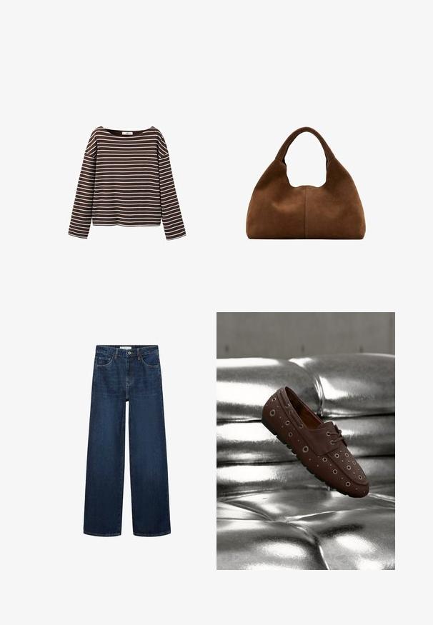 Braunes Langarmshirt mit weißen horizontalen Streifen und weitem Rundhalsausschnitt, vor weißem Hintergrund präsentiert.; Weite dunkelblaue Denim-Jeans mit hoher Taille, ausgestattet mit fünf Taschen und einer klassischen Knopfschließe. Glatte Textur und gerader Schnitt.; Brauner Mokassinschuh mit metallischen Ösen auf einer silbernen, gesteppte Lederoberfläche, schwebend oder in Bewegung dargestellt.; Braune Wildleder-Hobo-Tasche mit einem breiten, abgerundeten Griff und einer weichen, lässigen Form vor weißem Hintergrund.