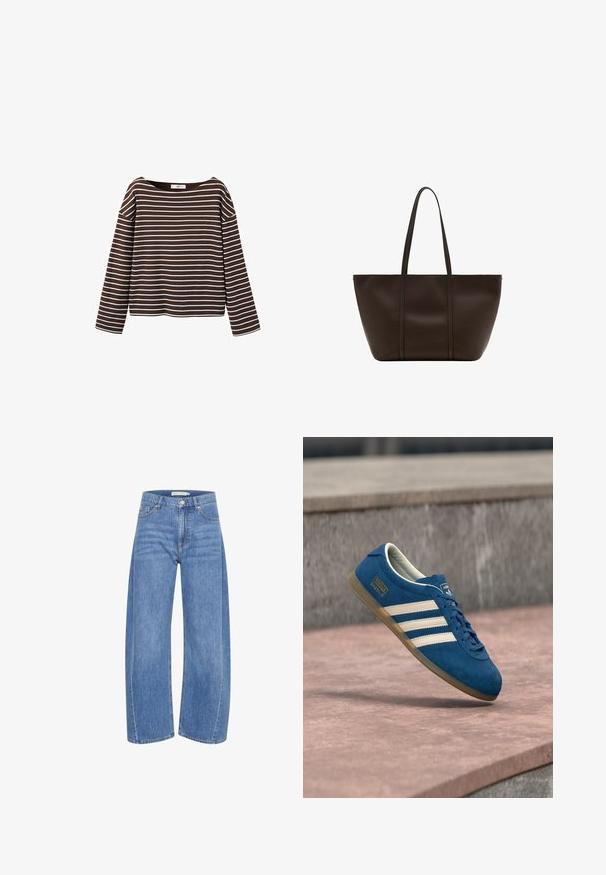 Bruin shirt met lange mouwen en witte horizontale strepen, met een brede ronde halslijn, weergegeven tegen een witte achtergrond.; Lichtblauwe denim wijde broek met hoge taille, voorzien van een knoop en ritssluiting, vijf zakken en subtiele vervagingsdetails.; Blauwe suède sneaker met crèmekleurige strepen en veters, zool van gumrubber, gestructureerd oppervlak, afgeronde neus en merkopdruk aan de zijkant.; Grote donkerbruine leren shopper met twee lange hengsels, eenvoudig ontwerp, gladde structuur en geen zichtbare logo's of versieringen.