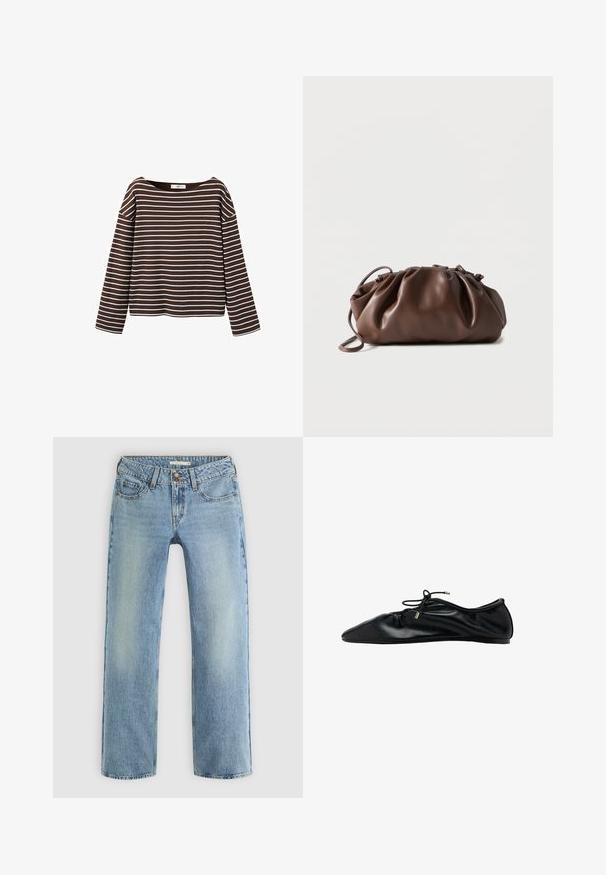 Brun langærmet skjorte med hvide vandrette striber og en bred rund halsudskæring, vist mod en hvid baggrund.; Lyseblå lige ben jeans lavet af denim, med knaplukning, fem lommer og subtil falmning langs benene.; Sort ballerinasko i læder med samlet tå og snøre med metalender, minimalistisk og elegant set fra siden.; Blød brun læderpung med samlet top og tynd strop, hvilende på hvid baggrund.