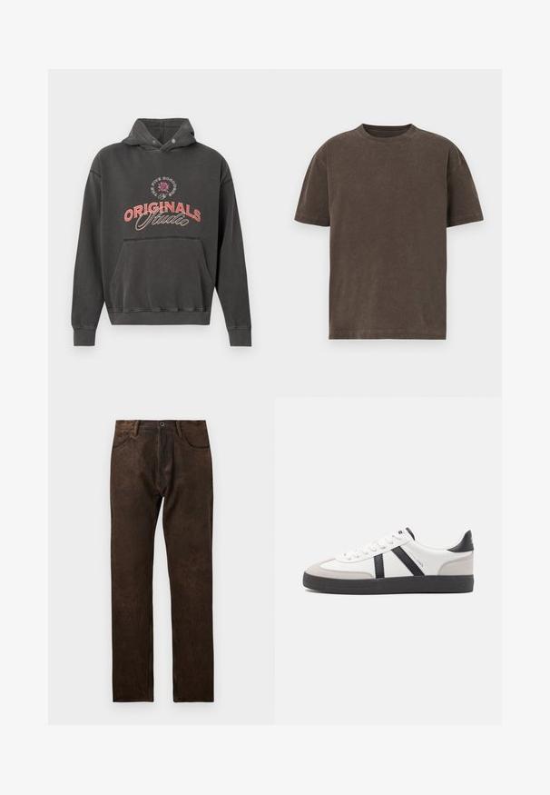 Hættetrøje i mørkegrå bomuldsblanding med frontlomme, ribstrikkede manchetter og stort rødt "ORIGINALS Studio" grafisk tryk.; Mørkebrun, kortærmet T-shirt lavet af blødt stof. Har rund hals og løs pasform, med en glat tekstur og minimalistisk design.; Brune denim jeans med en let slidtegn, lige ben-design, fem lommer og en knaplukning i taljen.; Hvide sneakers med sorte og grå detaljer, med en tekstureret grå tåhætte, sort gummisål og flade hvide snørebånd. Rent design, minimalistisk stil.