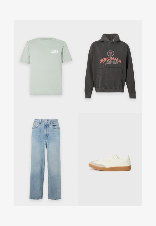Kapuzensweatshirt aus dunkelgrauem Baumwollmischgewebe mit einer Fronttasche, gerippten Bündchen und einem auffälligen roten "ORIGINALS Studio"-Grafikdruck.; Hellgrünes Baumwoll-T-Shirt mit Rundhalsausschnitt und kurzen Ärmeln. Mit einem weißen Logo "JACK & JONES", das auf der linken Brust gedruckt ist.; Helle blaue, gerade geschnittene Denim-Jeans mit hoher Taille, fünf Taschen und dezenten Verwaschungen. Rohem Saum und kontrastierenden Nähten.; Sneaker aus weißem Leder mit einer beigen Zehenkappe und leichter brauner Gummisohle. Verfügt über flache weiße Schnürsenkel und geprägtes Branding an der Seite.