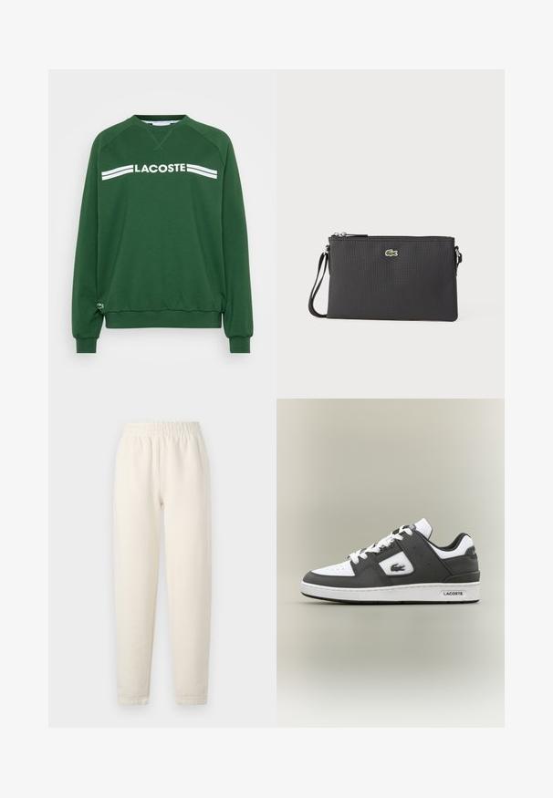 Sudadera verde de mezcla de algodón. Presenta un cuello redondo, mangas raglán y texto blanco "LACOSTE" con dos rayas a través del pecho.; Pantalones de chándal de color crema hechos de una tela suave. Cuentan con una cinturilla elástica y un diseño de perneras ajustadas con detalles de costura sutiles.; Zapatilla Lacoste en blanco y negro con cordones blancos, puntera perforada, logo de cocodrilo en el lateral y suela con marca sobre un fondo neutro.; Bolso de mano negro hecho de material sintético texturizado. Cuenta con un cierre de cremallera y un pequeño logotipo verde en la parte frontal. Incluye una correa para la muñeca.