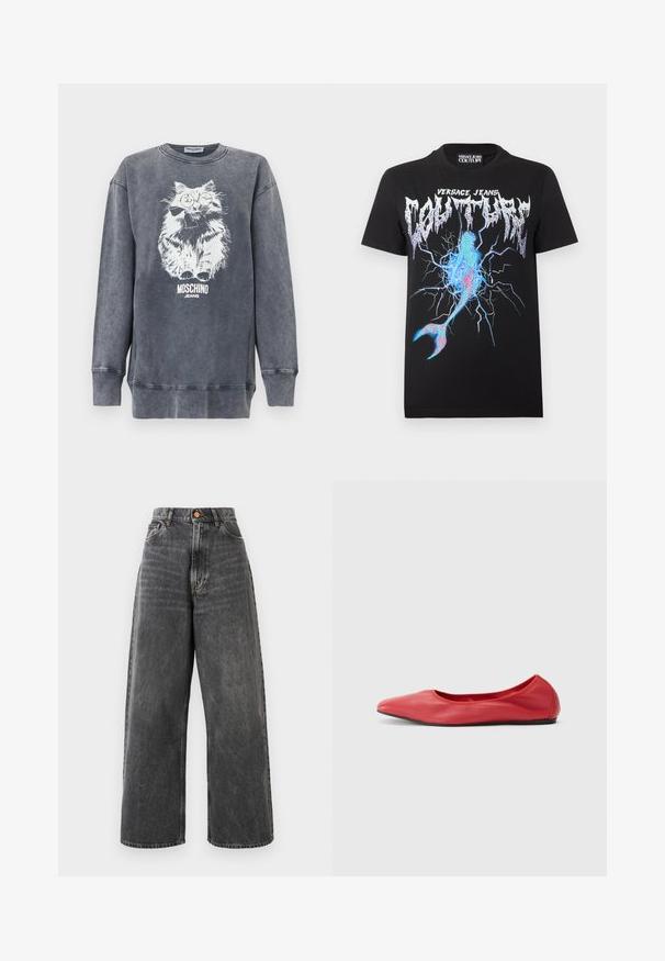 Grijze Moschino sweater met een witte afbeelding van een pluizige kat die een bril en een strikje draagt, met daaronder de tekst "Moschino Jeans".; Zwart Versace Jeans Couture T-shirt met metalen logo en blauwe, roze bliksemgrafiek die lijkt op een gebarsten oppervlak en een zeemeerminstaart.; Hoge taille spijkerbroek met wijde pijpen in vervaagd zwart denim, voorzien van voorzakken, riemlussen en een koperen knoopsluiting.; Filippa K REY FLATS - Ballerina's - bright red
