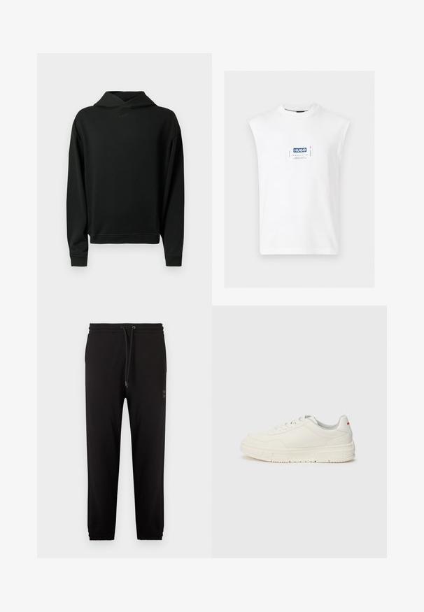 Sort sweatshirt lavet af glat stof med hætte, ribbet manchetter og kant, med et diskret "BOSS"-logo på brystet.; Hvid ærmeløs t-shirt med rund halsudskæring og et centreret rektangulært HUGO logo-patch i blå og hvid på brystet.; Sorte joggebukser med elastisk talje og manchetter, justerbar snøre og sidelommer, vist på en hvid baggrund.; Hvide sneakers med en glat læderoverdel, rund tå, flade snørebånd og en struktureret gummisål. Der er en rød detalje på hælen.