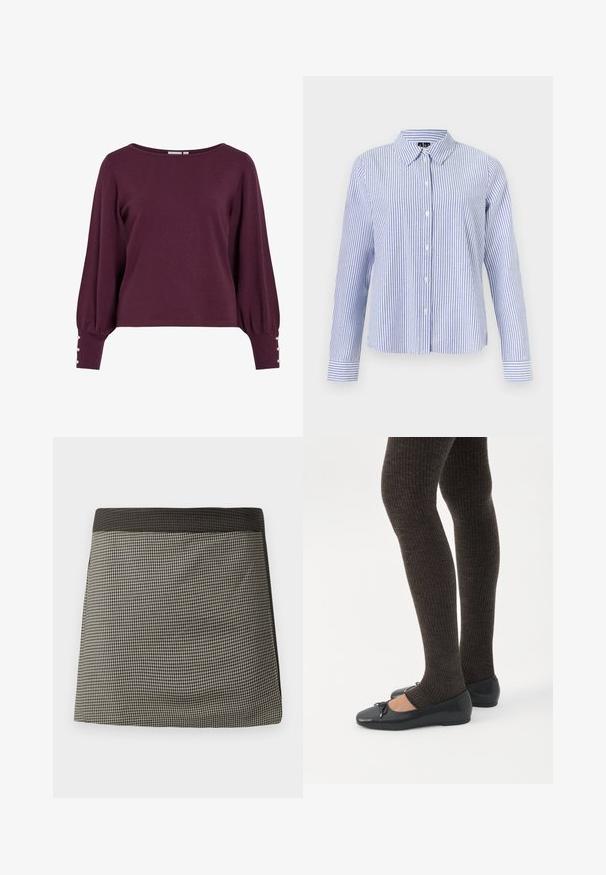 Pull en tricot bordeaux avec un large décolleté, de longues manches ballon et des boutons en accent aux poignets. Texture douce et coupe décontractée.; Chemise à manches longues boutonnée, avec des rayures verticales blanches et bleu clair et un col pointu, présentée sur un fond uni.; Jupe à carreaux noirs et crème avec une taille noire unie. Présente une coupe droite, une texture lisse et un motif uniforme dans tout le vêtement.; Jambes portant des leggings côtelés foncés associés à des ballerines noires avec de petits détails en nœud sur fond blanc.