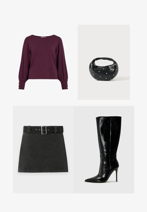 Pull en tricot bordeaux avec un large décolleté, de longues manches ballon et des boutons en accent aux poignets. Texture douce et coupe décontractée.; Jupe mini en denim noir avec une ceinture assortie présentant une boucle métallique et des passants de ceinture, affichée à plat sur un fond blanc.; Bottes noires en cuir, hautes jusqu'au genou, avec un bout pointu et un talon aiguille haut. Texture lisse et design épuré, avec un minimum de détails.; Sac à main en cuir noir de forme arrondie, décoré de clous argentés et équipé d'une poignée courte. Texture lisse et fermeture éclair.